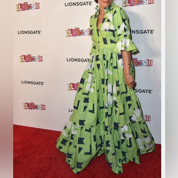 Studio 189 | Green Geo Cotton Ruffle Tiered Long Dress - Picture 3 of 11